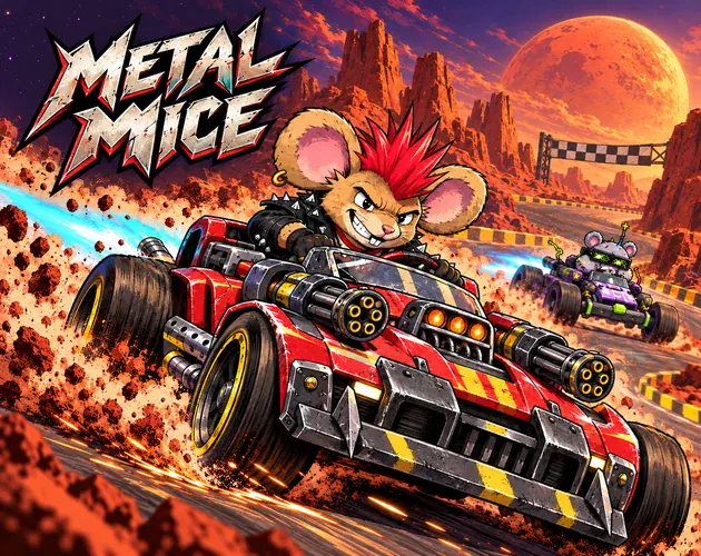 A punk mouse driving an armed car through a Martian canyon