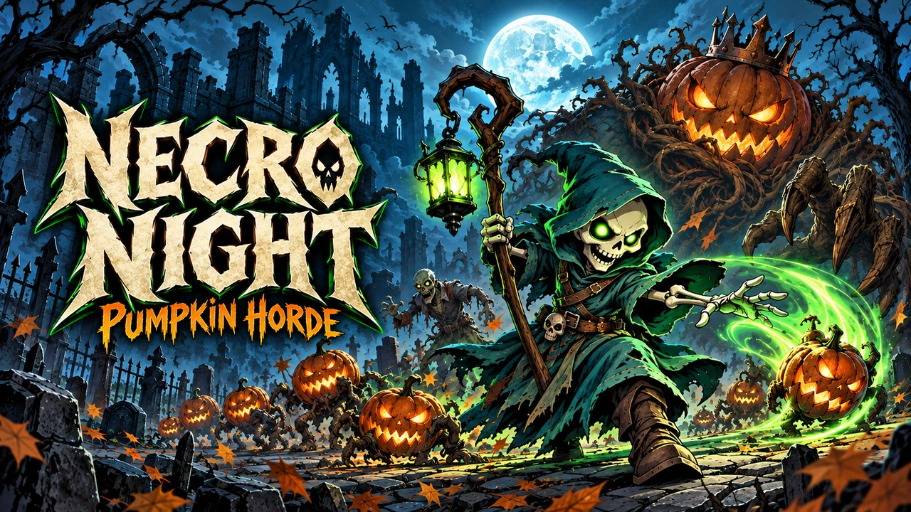 Necro Night: a hooded skeleton casts green magic against the Pumpkin King and a pumpkin horde